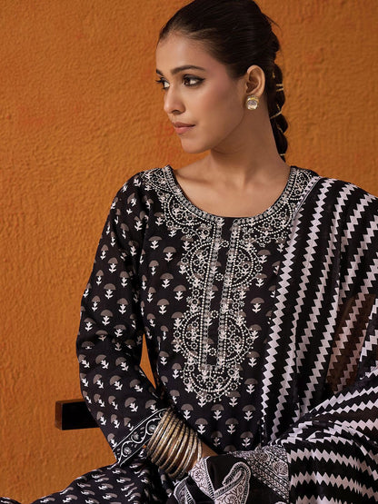 Dhiyona IE Ethnic Motifs Printed Pure Cotton Straight Kurta With Trousers & Dupatta