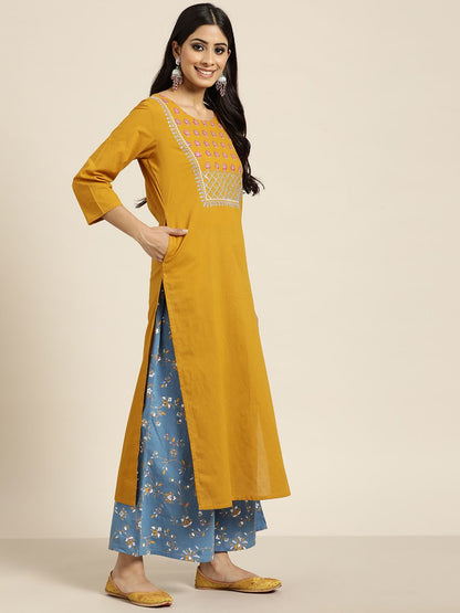 Dhiyona SN Women's Mustard YellowYoke Design Mirror Work Cotton Kurta with Palazzos & Dupatta