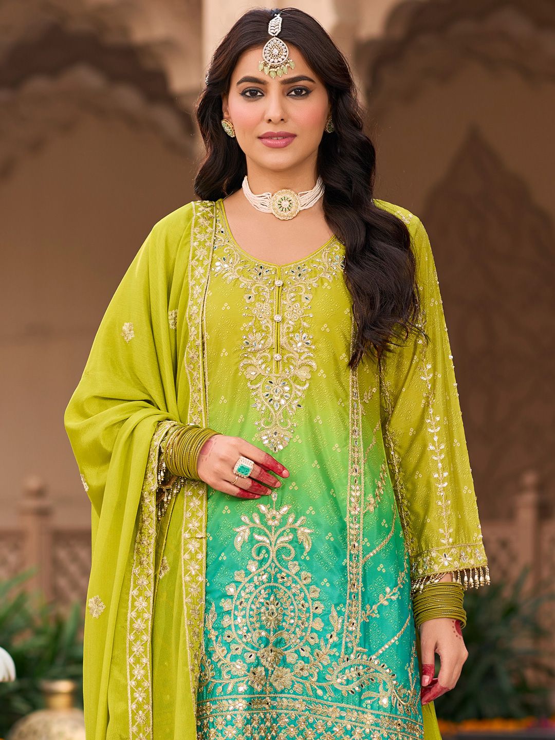 Floral Embroidered Zari Straight Kurti With Palazzos And Dupatta