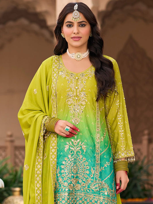 Floral Embroidered Zari Straight Kurti With Palazzos And Dupatta