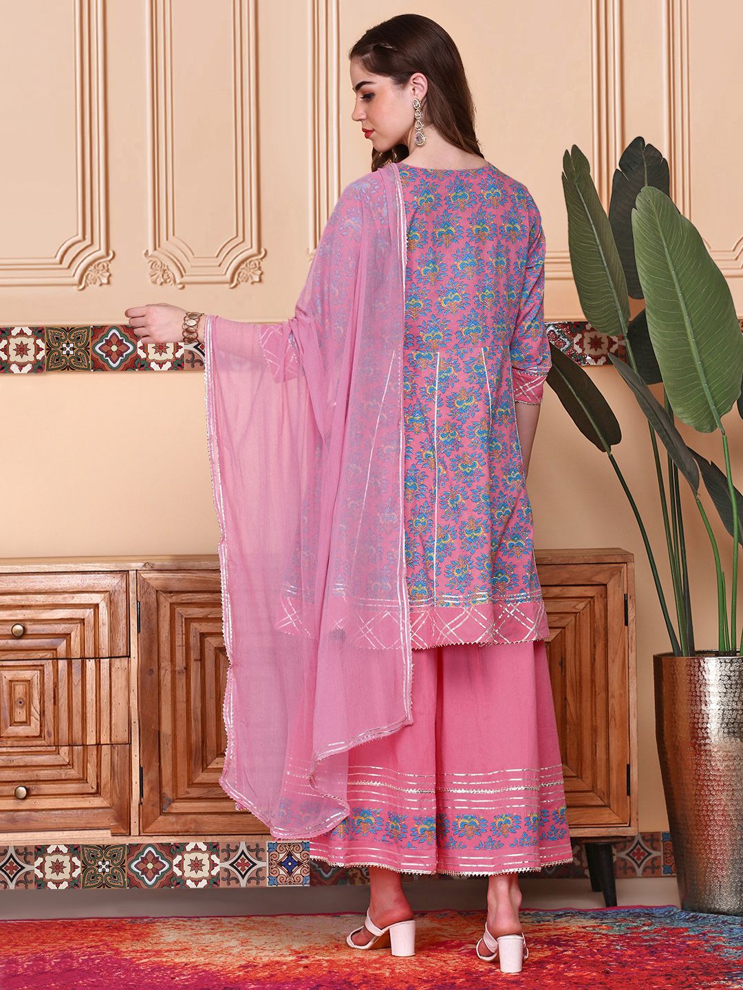 Dhiyona IS Women's Floral Printed Pure Cotton Anarkai Kurta with Sharara & Dupatta