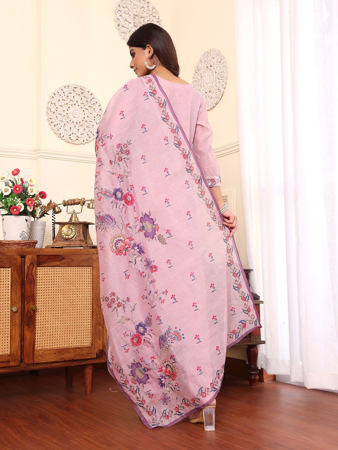 Dhiyona VA Women'sFloral Embroidered Chanderi Silk Straight Kurta With Trouser & Dupatta