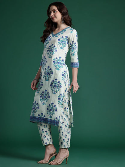 Dhiyona IE Women Floral Printed Regular Pure Cotton Kurta with Trousers & With Dupatta