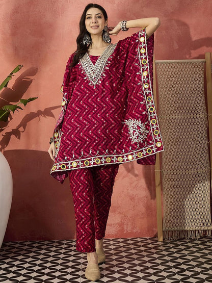 Dhiyona IS Women's Geometric Printed V-Neck Gotta Patti Kaftan Kurti With Trousers