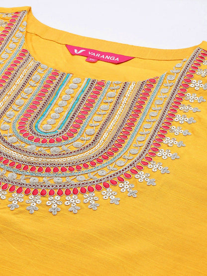 Dhiyona VA Women's Ethnic Motifs Yoke Design Sequinned Plus Size Kurta with Palazzos & Dupatta