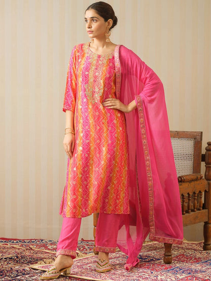 Dhiyona PD Women Pink Bandhani Printed Straight Kurta & Trousers With Dupatta