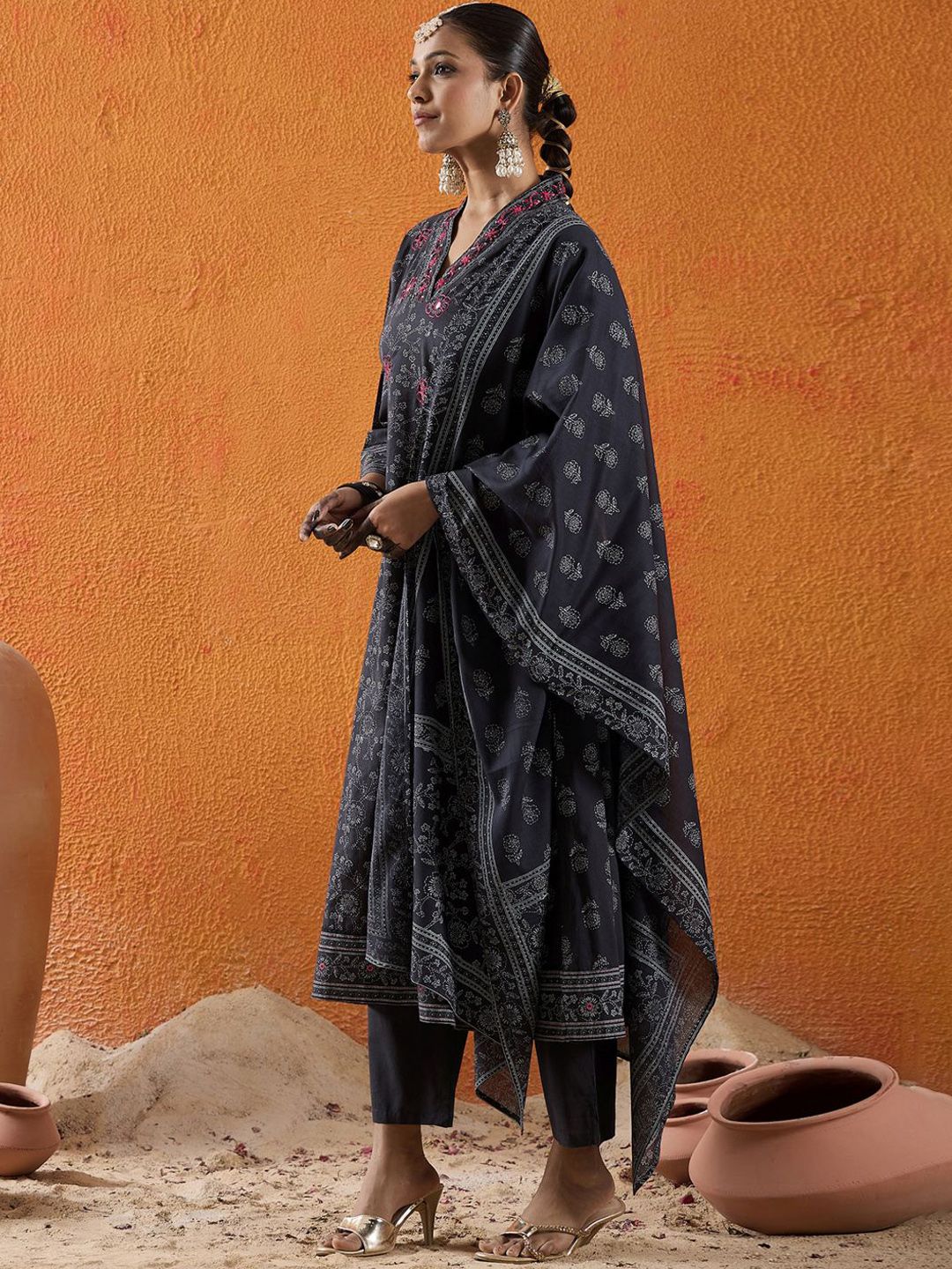 Dhiyona IE Floral Printed Mirror Work Pure Cotton A-Line Kurta With Trousers & Dupatta
