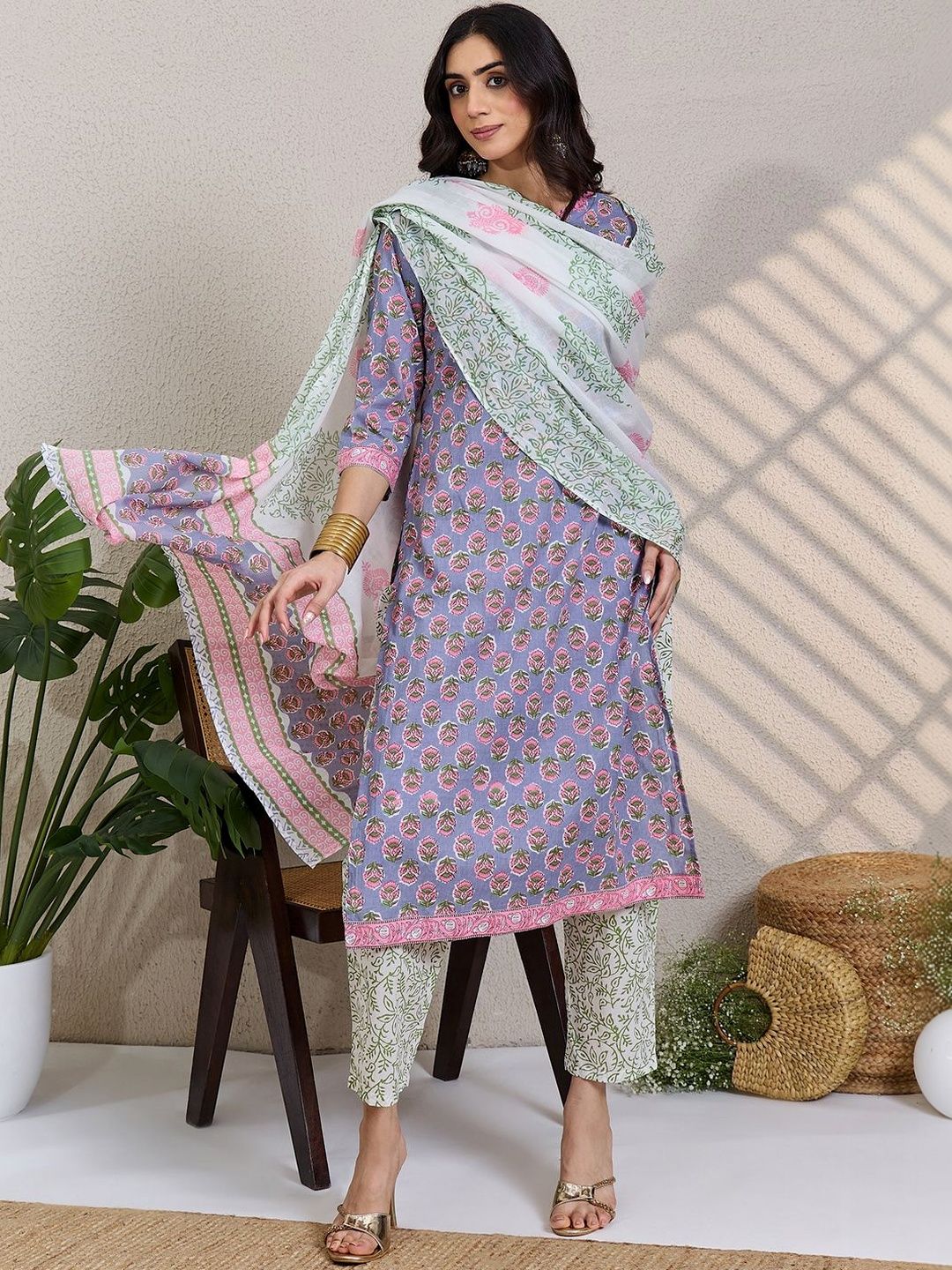 Women Ethnic Motifs Printed Regular Pure Cotton Kurta with Trousers & With Dupatta