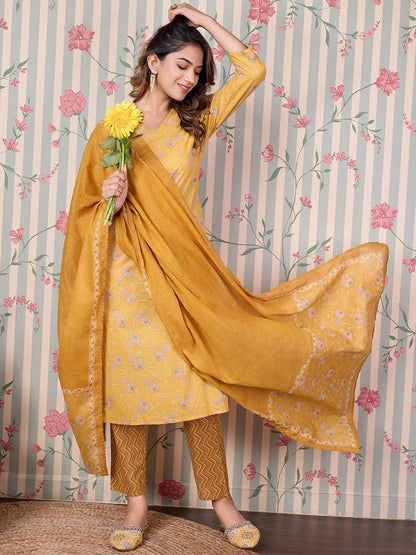 Dhiyona OD  Floral Printed Regular Pure Cotton Kurta with Trousers & Dupatta