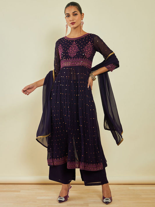 Dhiyona SO Women's Ethnic Motifs Embroidered Sequined Kurta with Palazzos & Dupatta
