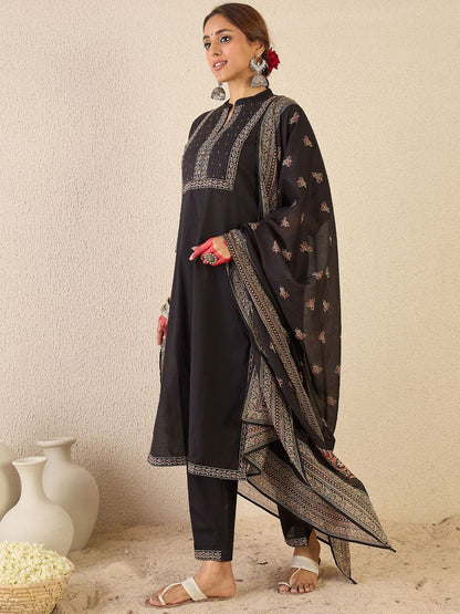 Dhiyona IE Women Ethnic Motifs Printed Mirror Work Pure Cotton Kurta with Trousers & Dupatta