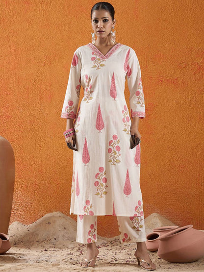 Women Floral Printed Regular Pure Cotton Kurta with Trousers & With Dupatta