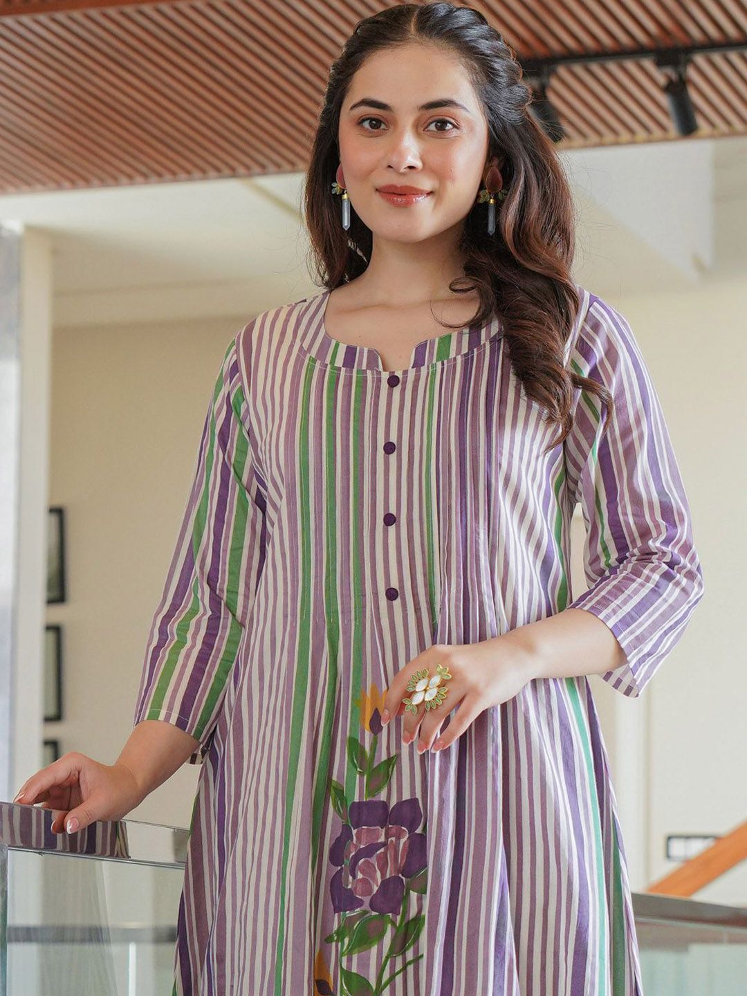 Dhiyona IE Floral Printed Notch Neck A Line Pure Cotton Kurta With Trousers