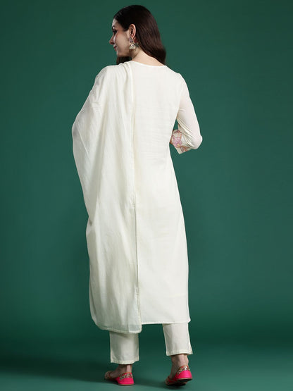 Floral Embroidered Panelled Thread Work Pure Cotton Kurta with Trousers & Dupatta