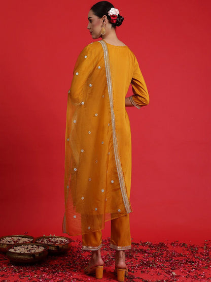 Dhiyona IE Ethnic Motifs Embroidered Sequinned Straight Kurta & Trousers With Dupatta