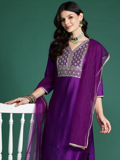 Floral Sequinned Liva Kurta with Trousers & With Dupatta