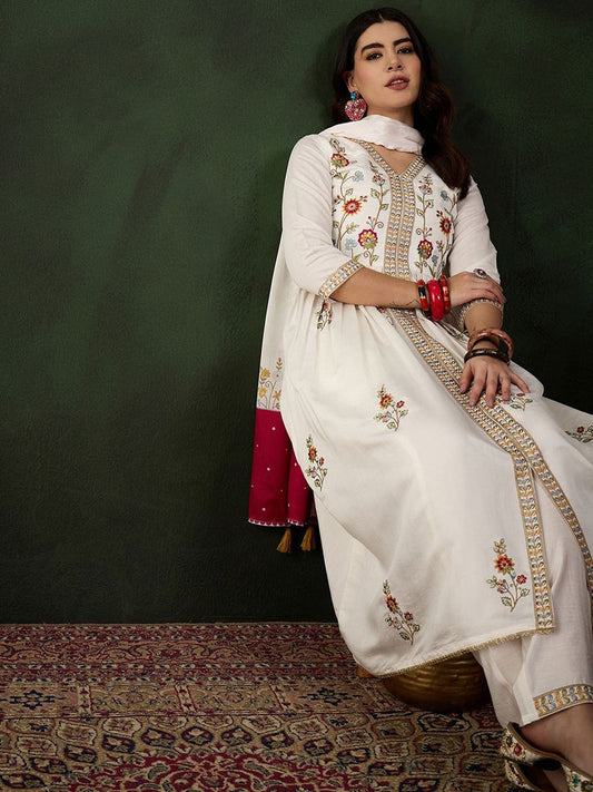 Dhiyona SN Women's Off White Floral Embroidered Thread Work A-Line Kurta With Trouser & Dupatta