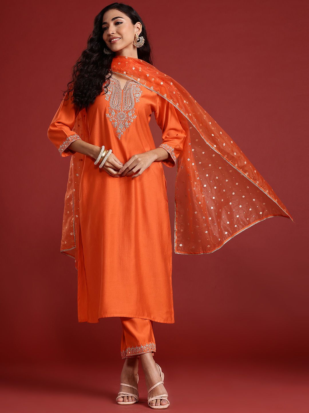 Paisley Yoke Design Zari Liva Kurta With Trousers & Dupatta