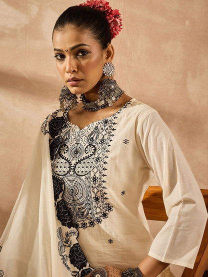 Dhiyona IE Women Paisley Embroidered Regular Thread Work Pure Cotton Kurta with Trousers & With Dupatta