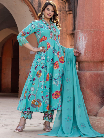 Women Floral Printed Beads and Stones Pure Cotton Kurta with Trousers & Dupatta