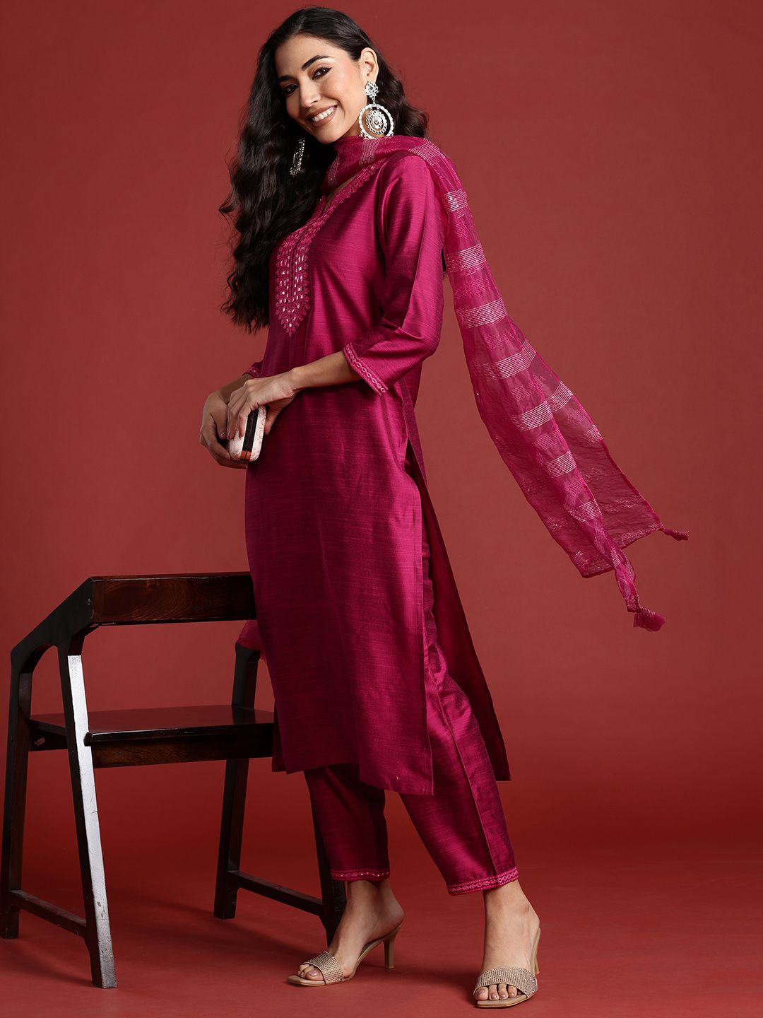 Dhiyona IE Yoke Design Mirror Work Kurta With Trousers & Dupatta