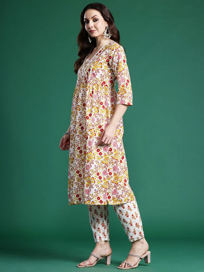 Dhiyona IE Floral Printed Pure Cotton Kurta with Palazzos & Dupatta