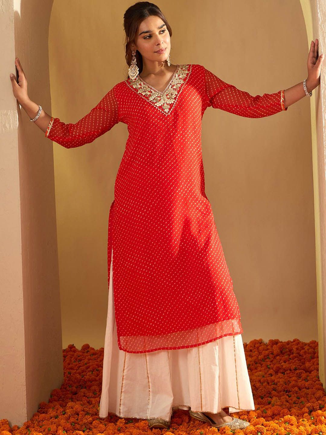 Dhiyona IE Leheriya Printed Gotta Patti Straight Kurta