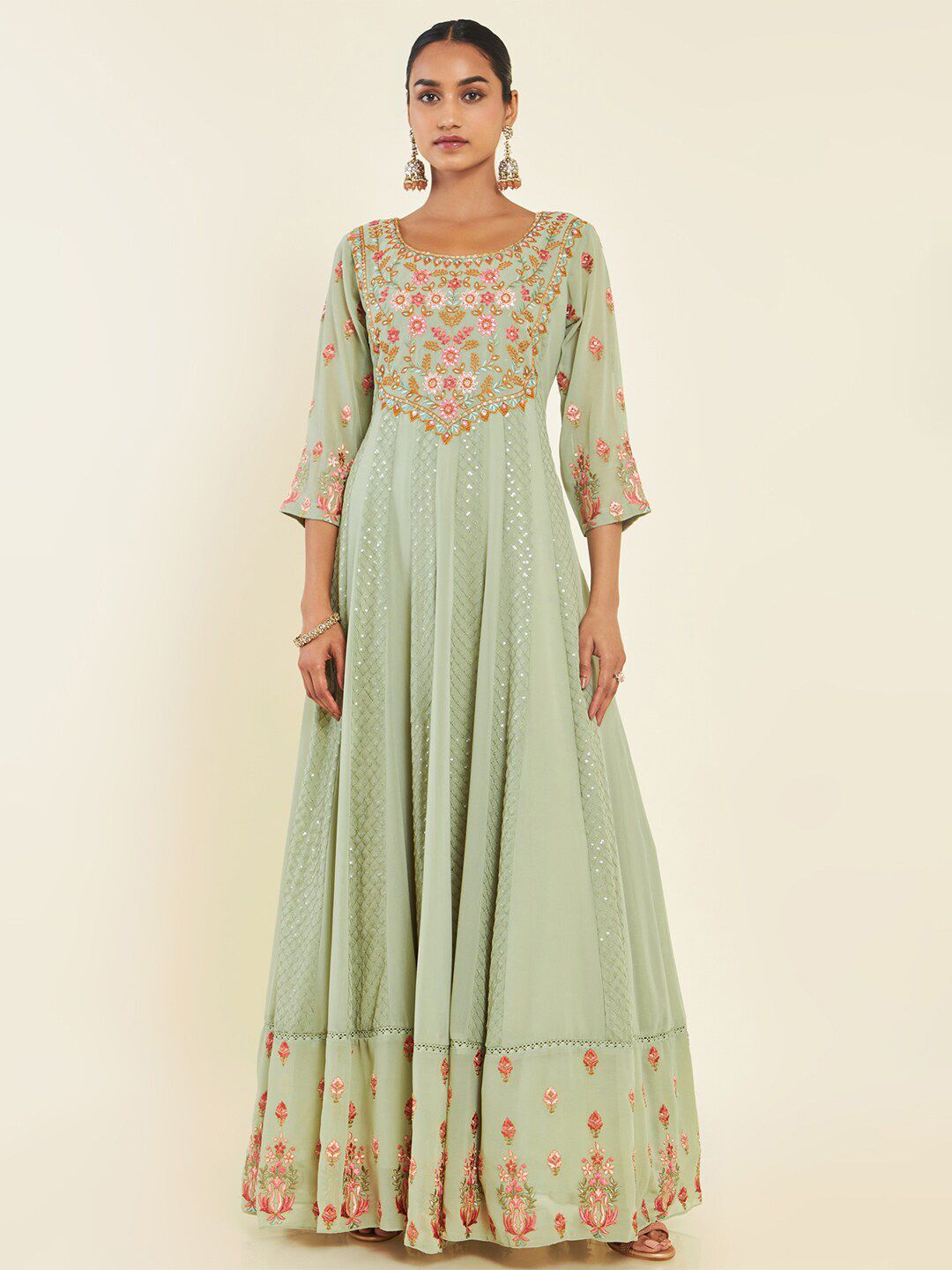 Dhiyona SO Women's Floral Embroidered Mirror Work Anarkali With Churidar & Dupatta
