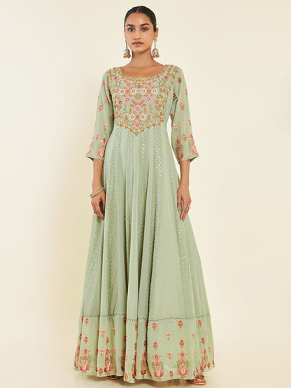 Dhiyona SO Women's Floral Embroidered Mirror Work Anarkali With Churidar & Dupatta