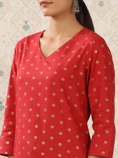 Dhiyona OD  Red & Beige Printed V Neck Pure Cotton Kurta With Palazzos