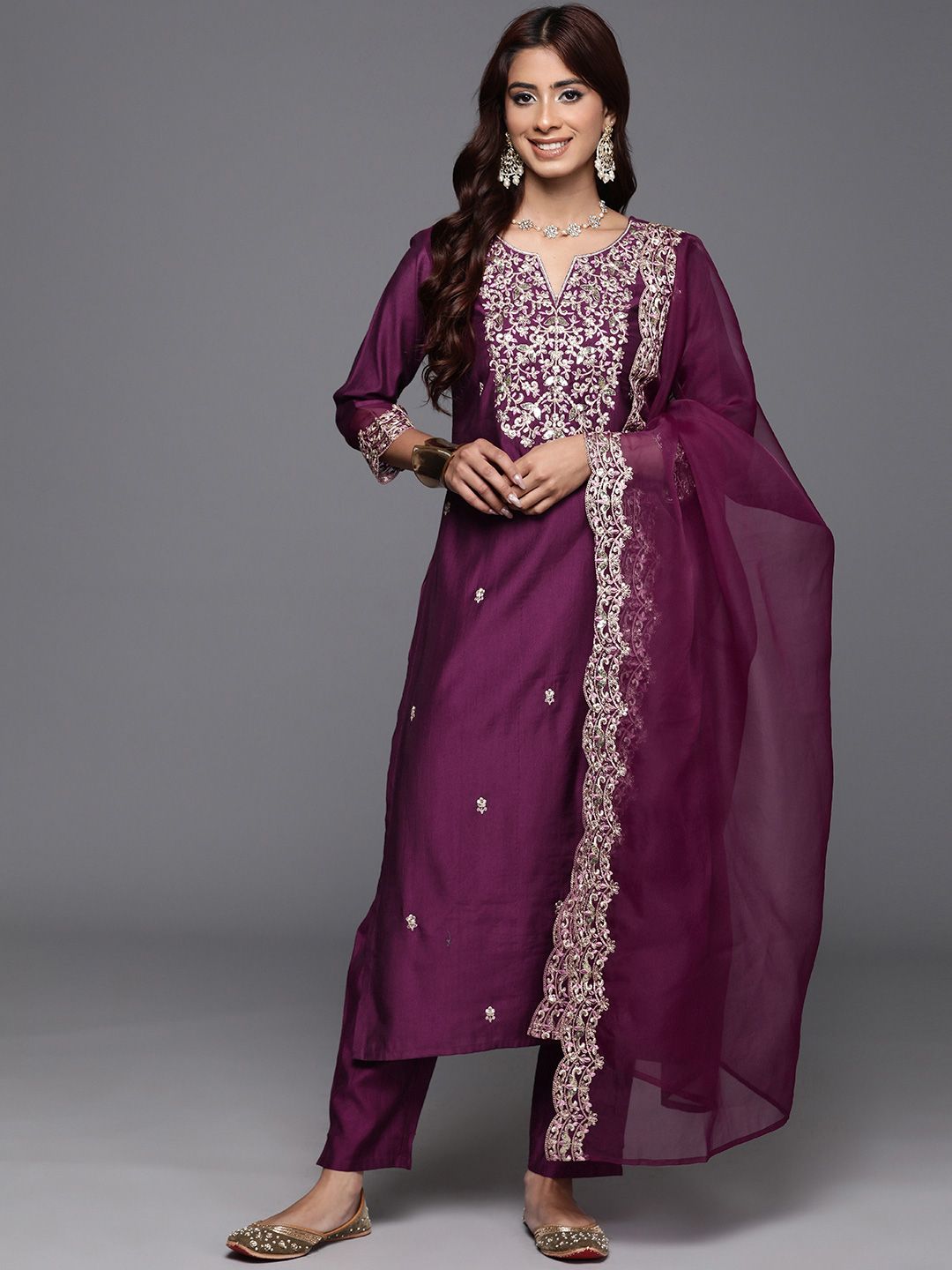 Floral Embroidered Sequinned Liva Kurta with Trousers & Dupatta