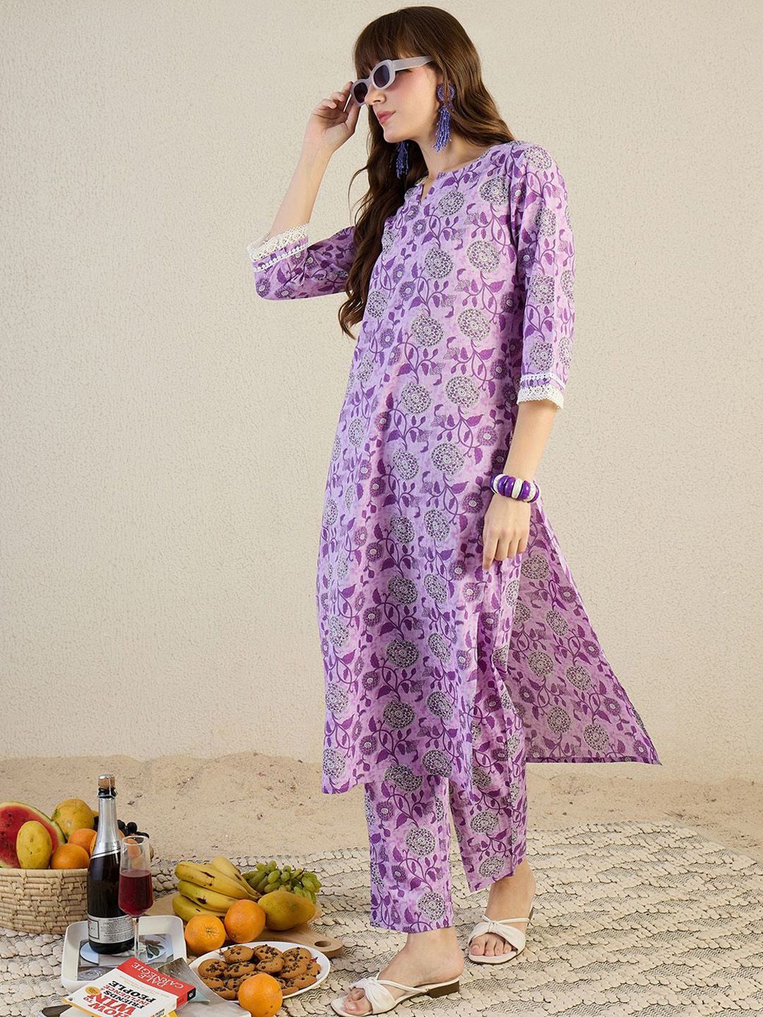 Dhiyona IE Printed Pure Cotton Round Neck Top With Trousers Co-Ords