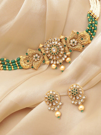 Dhiyona RJ Women's Gold-Plated Emeral & Kundan Stone-Studded & Pearl Beaded Choker Jewellery Set