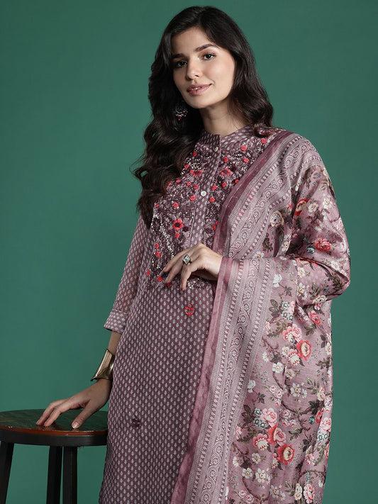Dhiyona IE Floral Printed Thread Work Chanderi Silk Kurta with Trousers & With Dupatta