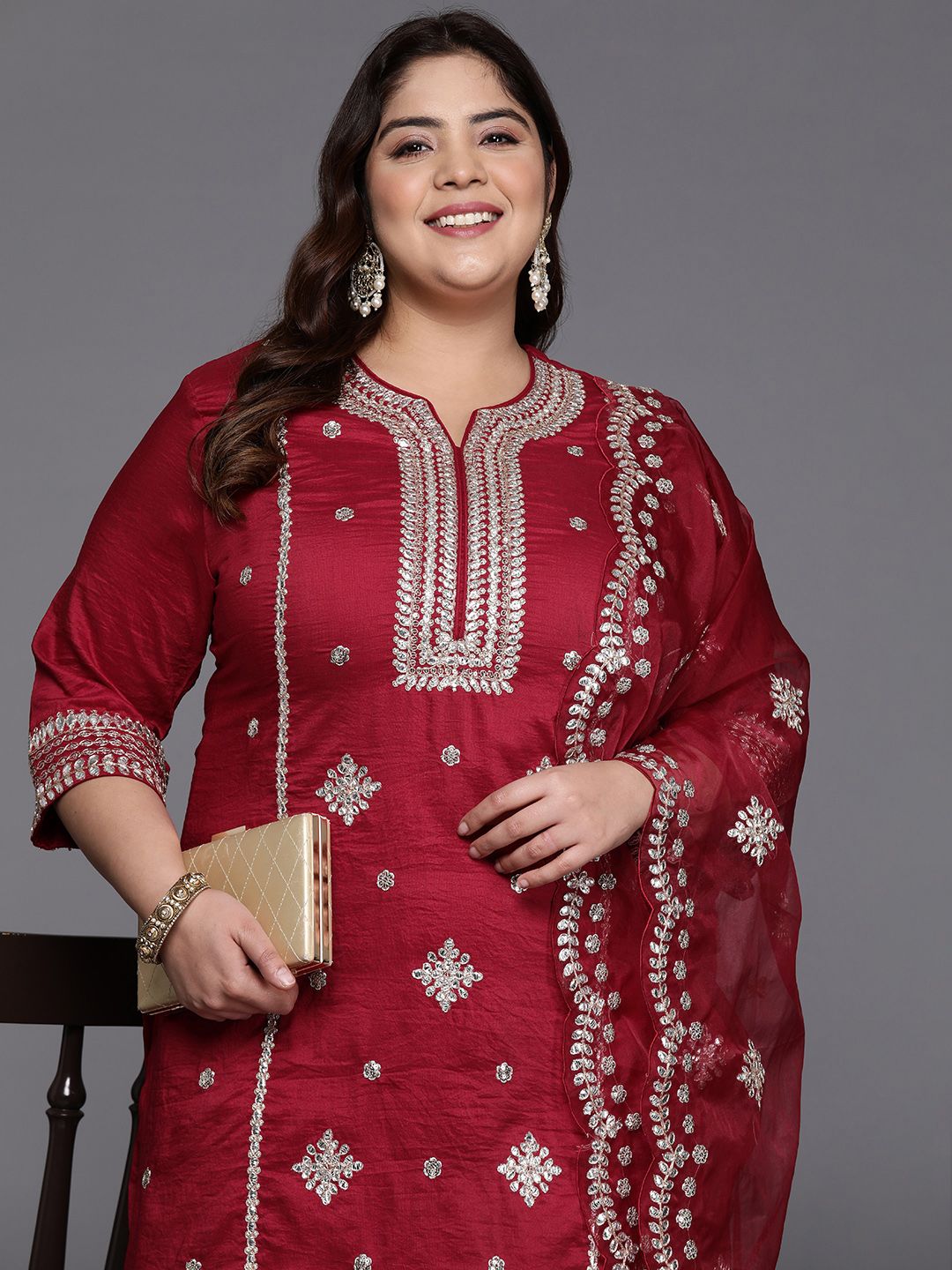 Dhiyona IE Plus Size Ethnic Motifs Embroidered Gotta Patti Kurta with Trousers & Dupatta