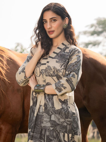 Tribal Printed V-Neck Linen Straight Kurta With Trouser