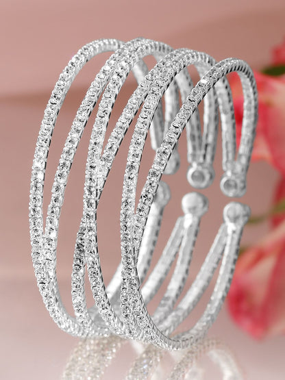 Dhiyona RJ Women's Rhodium-Plated Crystals Stone Studded Cuff Bracelet