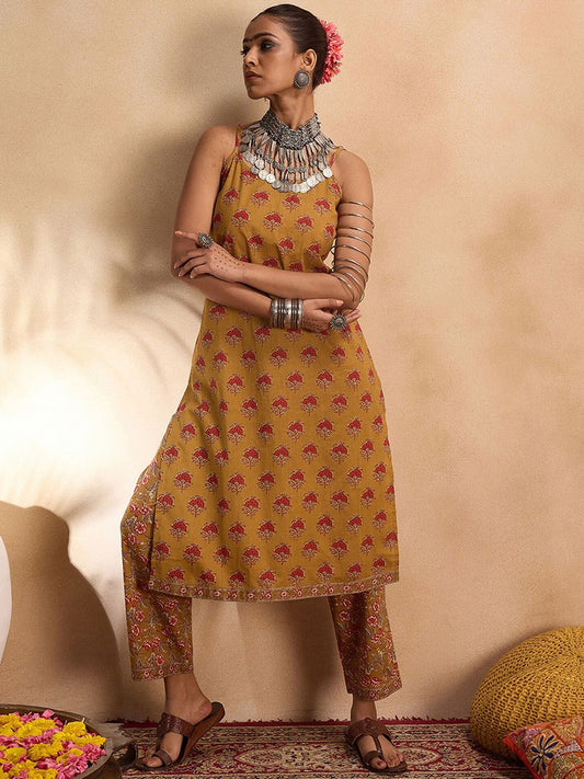 Dhiyona IE Floral Printed Pure Cotton Straight Kurta with Trousers