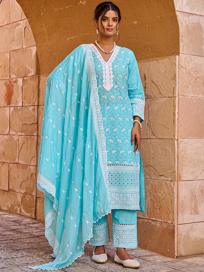 Floral Embroidered Thread Work Pure Cotton Straight Kurta With Trousers & Dupatta