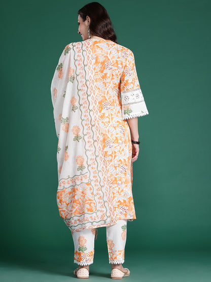 Dhiyona IE Floral Printed Pure Cotton Kurta with Trousers & Dupatta