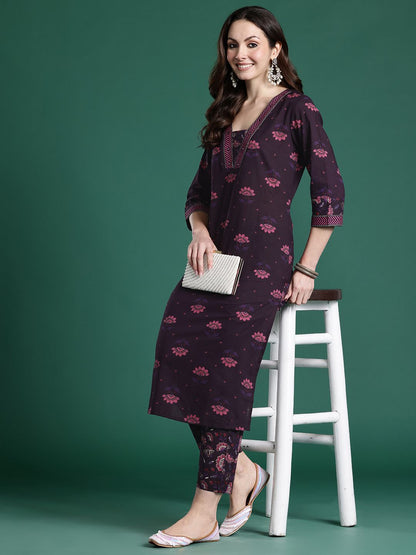 Floral Printed Beads & Stones Pure Cotton Kurta with Trousers