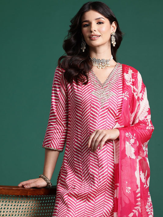Chevron Printed Zari Pure Cotton Kurta with Trousers & With Dupatta
