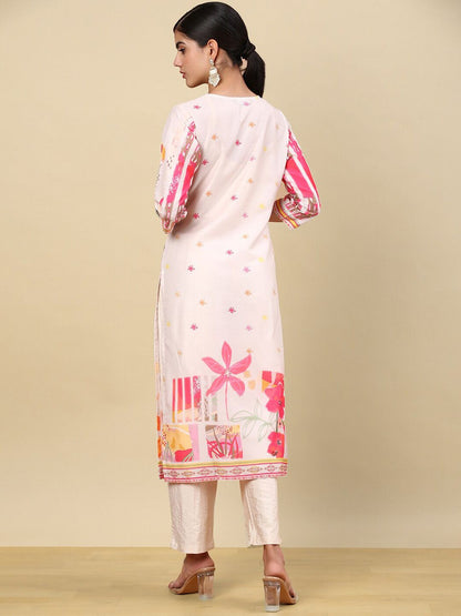 Dhiyona SO Women's Floral Printed Regular Thread Work Kurta with Trouser