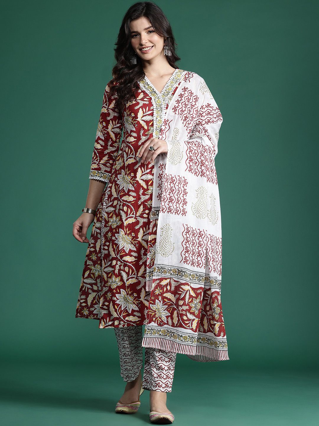 Dhiyona IE Floral Printed Pure Cotton Kurta With Trousers & Dupatta