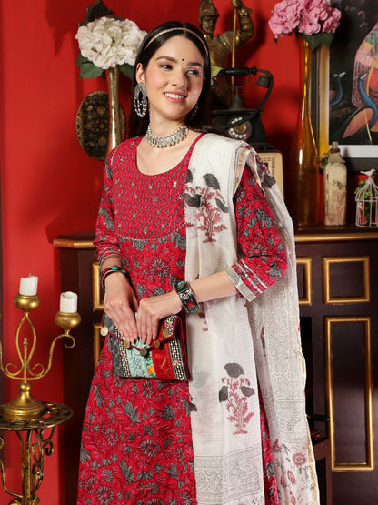 Dhiyona SN Women's Pink Floral Printed Mirror Work Pure Cotton A-Line Kurta Set
