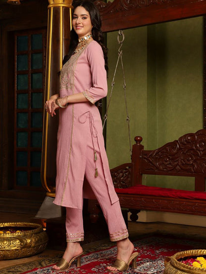 Dhiyona SN Women's Mauve Ethnic Motifs Embroidered Sequinned Straight Kurta With Trouser & Dupatta