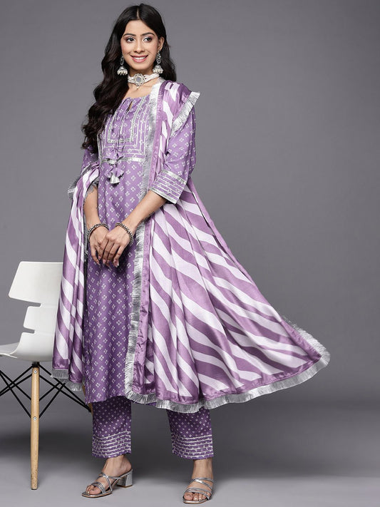 Dhiyona VA Women's Purple Bandhani Printed Kurta with Trousers & With Dupatta
