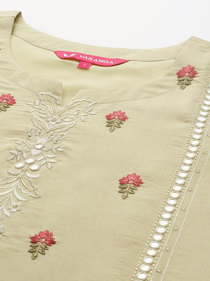 Dhiyona VA Women'sFloral Embroidered Mirror Work Kurta with Trousers & Dupatta