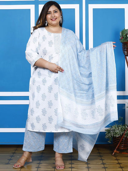 Dhiyona KL Plus Size Floral Printed Sequin Pure Cotton Straight Kurta With Trousers & Dupatta