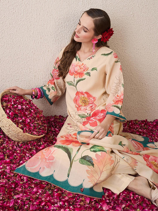 Dhiyona IE Floral Printed V-Neck Beads & Stones Straight Kurta With Trouser And Dupatta